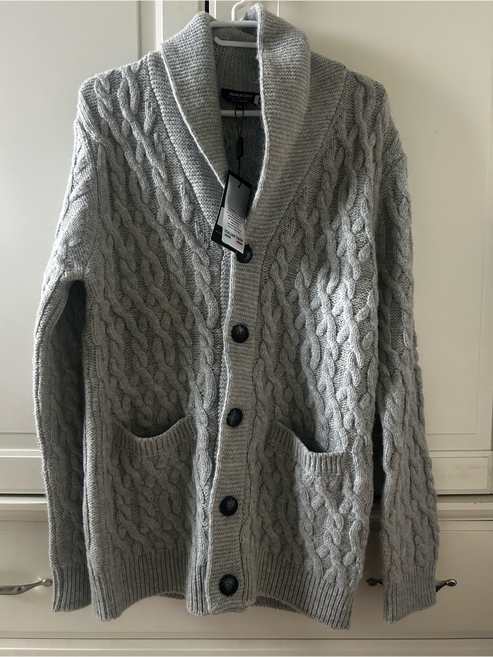 Alpaca Yarn Italian Ribbed Cable Knit Cardigan Grey Mens Medium New